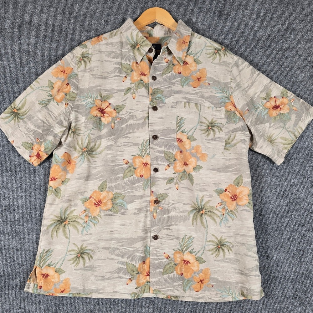 Caribbean Joe Mens XL‎ Silk Short Sleeve Hawaiian Shirt Floral Palm Tree Print